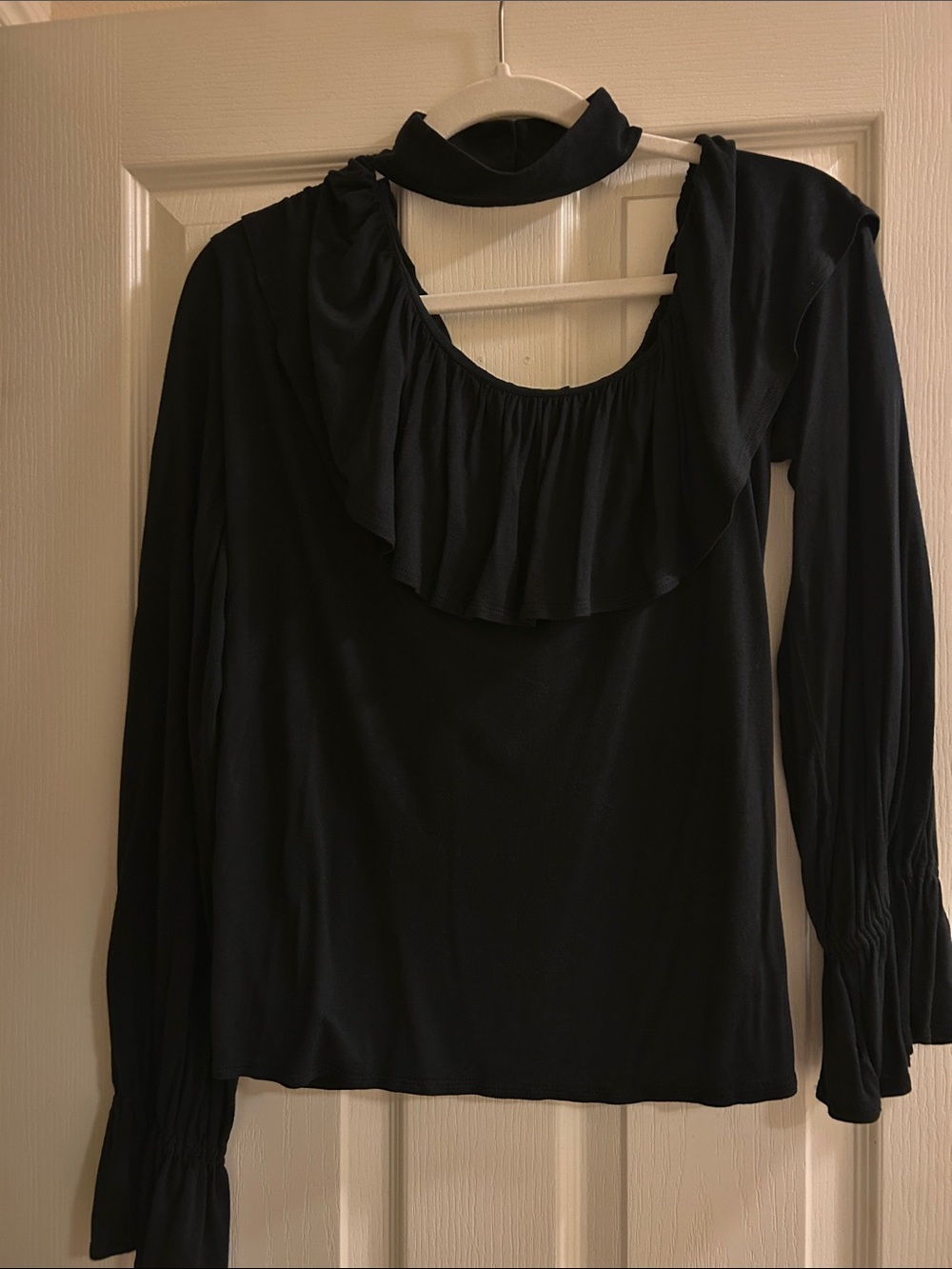 PAIGE Black Ruffle-Neck with a collar accent Long Sleeve Blouse